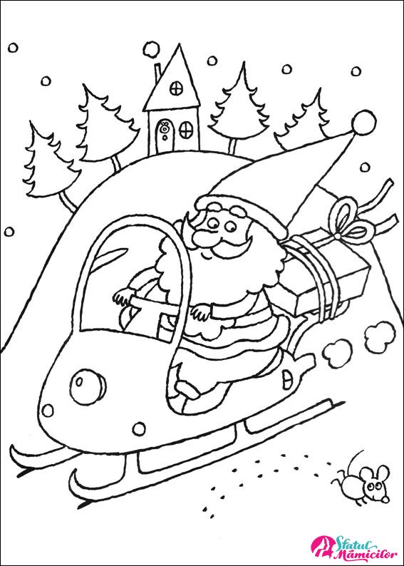 Mos Craciun merge pe snowmobil - Planse de colorat